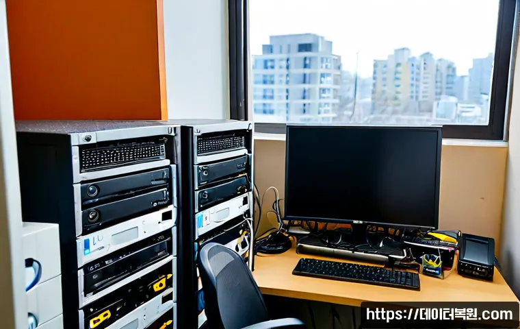 돈암동 파일서버출장방문수리점 - Photorealistic onsite file server repair in a compact Donam-dong office, technician connecting diagn...