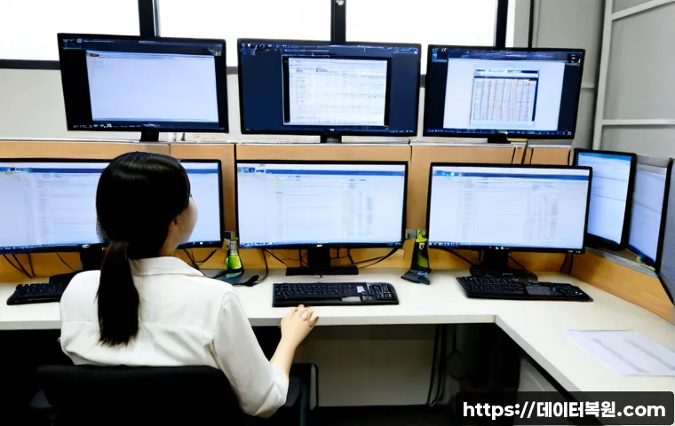 신도림 STATUS_IMAGE_ACCESS_DENIED - Photorealistic IT support workstation in Sindorim, dual monitors showing a generic access-restricted...