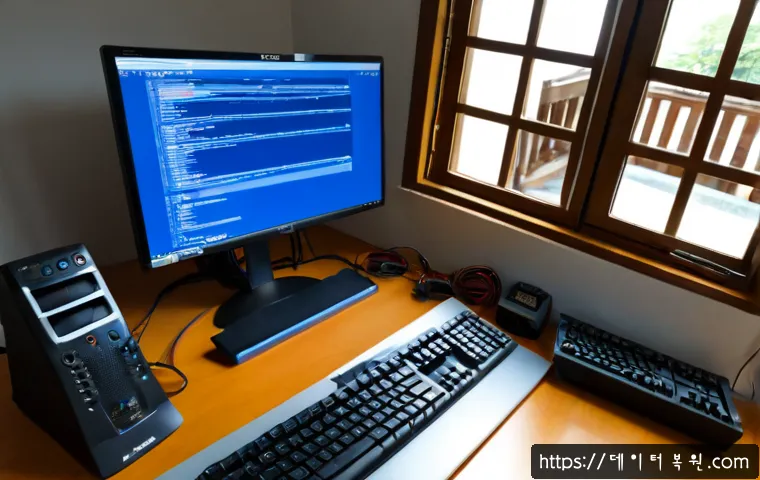 운니동 SYSTEM_SERVICE_EXCEPTION - Photorealistic IT support workstation in a compact Unni-dong office, desktop monitor showing a plain...