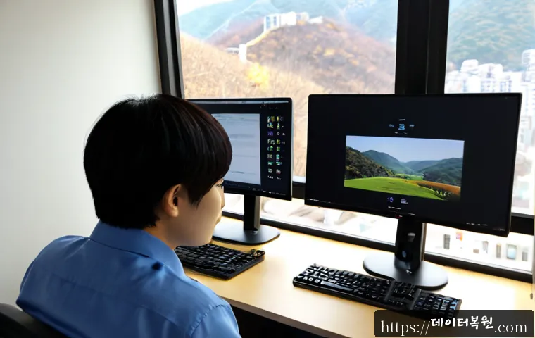 회현동 STATUS_INVALID_IMAGE_FORMAT - Photorealistic remote-support workstation in a compact Hoehyeon-dong office, dual monitors showing a...