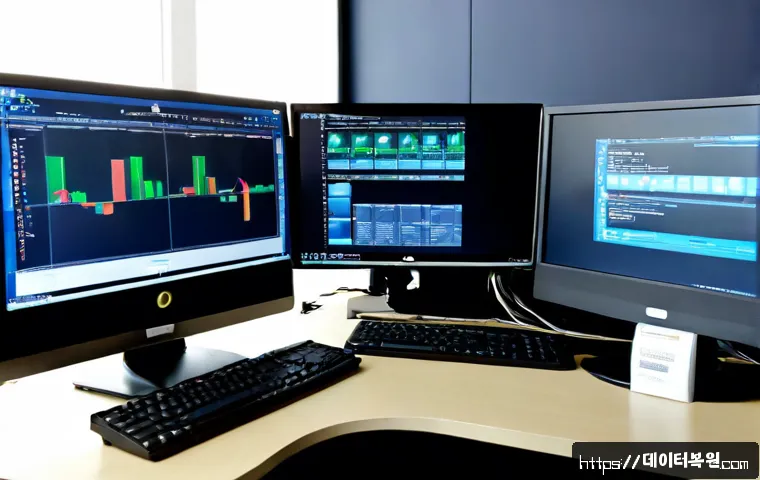 당주동 STATUS_DISK_CORRUPTION - Photorealistic IT support workstation in a compact office near a historic Seoul civic district, dual...