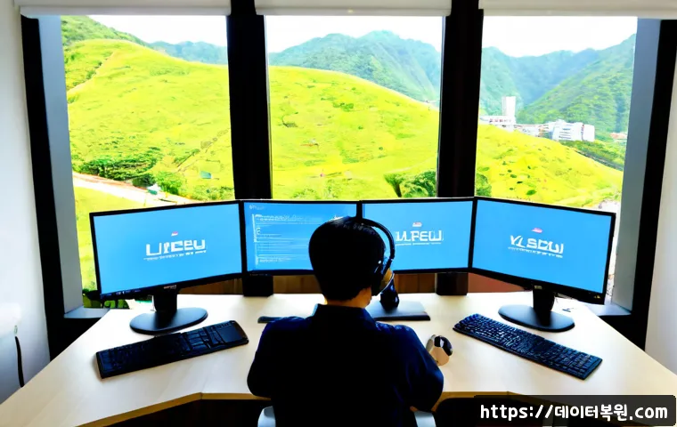 약수동 STATUS_KERNEL_REGISTRY_ERROR - Photorealistic IT support workstation in a compact Yaksu-dong apartment office, dual monitors showin...