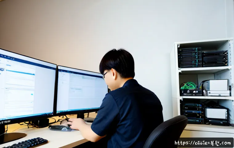 신교동 네트워크구축 설정 및 세팅오류해결 - Photorealistic IT technician configuring a compact office network in Singyo-dong, connecting a route...