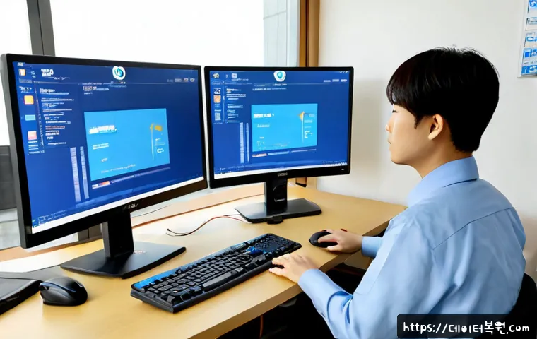 정발산동 KMODE_EXCEPTION_NOT_HANDLED - Photorealistic IT support workstation in a quiet Jeongbalsan-dong apartment study, dual monitors sho...