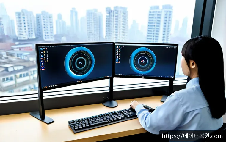 대장동 STATUS_KERNEL_HANDLE_INVALID - Photorealistic IT support workstation in a modern Pangyo-style office, dual monitors showing abstrac...