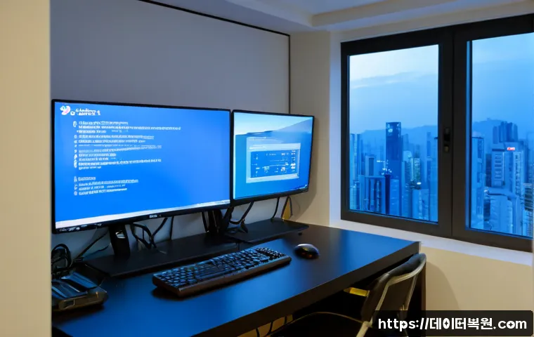 가양동 블루스크린 - Photorealistic IT support workstation in a compact Gayang-dong apartment office, dual monitors with ...