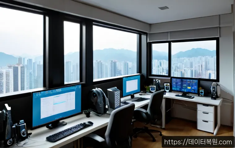 하안동 STATUS_INVALID_OBJECT - Photorealistic IT support workstation in a compact Korean apartment office, dual monitors showing ab...