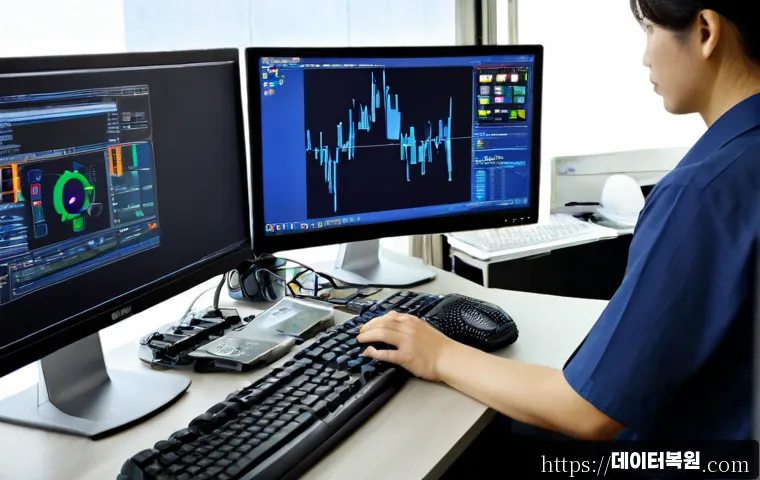 재동 KERNEL_MODE_HEAP_CORRUPTION - Photorealistic IT support workstation in a quiet traditional Seoul neighborhood office, dual monitor...