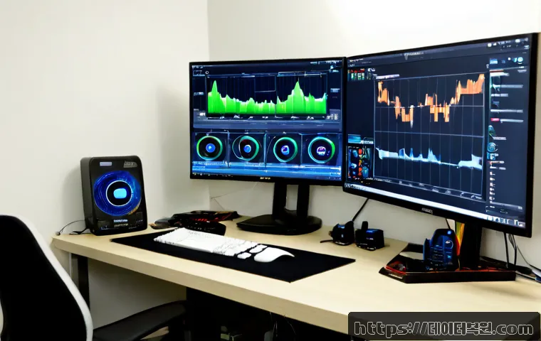 하계동 HARDWARE_INTERRUPT_STORM - Photorealistic IT support workstation in a compact apartment office near a leafy Seoul residential d...