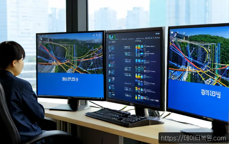 충정로 STATUS_KERNEL_MODE_EXCEPTION - Photorealistic IT support workstation in a compact Chungjeong-ro office tower, dual monitors showing...