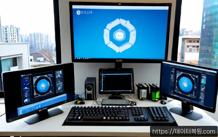 원흥동 STATUS_KERNEL_THREAD_TIMEOUT - Photorealistic IT support workstation in a modern apartment office near a quiet suburban Korean tran...