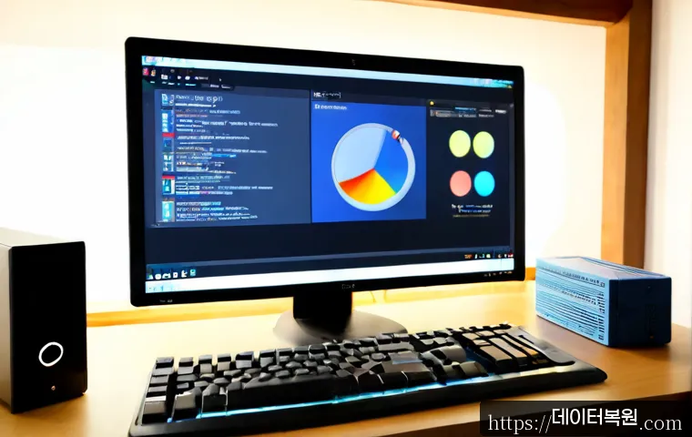 소격동 STATUS_DISK_NOT_INITIALIZED - Photorealistic IT support workstation in a quiet Sogyeok-dong design studio, ultrawide monitor showi...