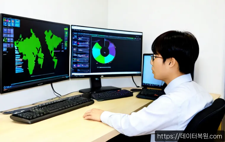 구산동 STATUS_KERNEL_APC_PENDING - Photorealistic IT support workstation in a compact Gusan-dong office, dual monitors showing abstract...