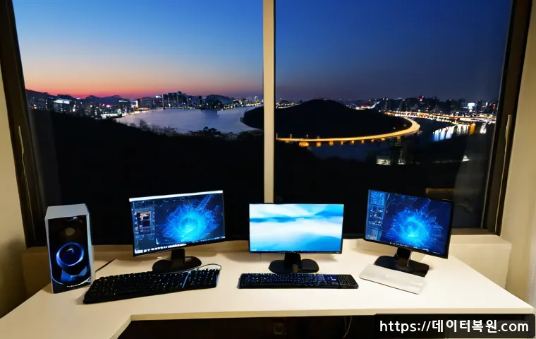 옥수동 UNEXPECTED_KERNEL_MODE_TRAP - Photorealistic IT support workstation in a quiet hillside apartment office near Oksu-dong, dual moni...