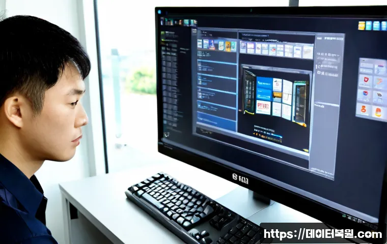 광명시 STATUS_DRIVER_ENTRYPOINT_NOT_FOUND - Photorealistic IT support workstation in a modern Gwangmyeong office, dual monitors showing a blank ...