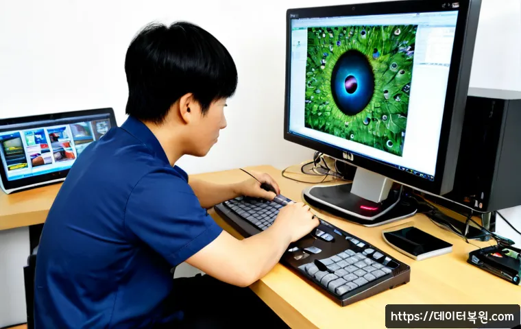 용두동 HDD조립 및 교체수리 - Photorealistic computer repair workstation in a compact Yongdu-dong electronics shop, technician car...