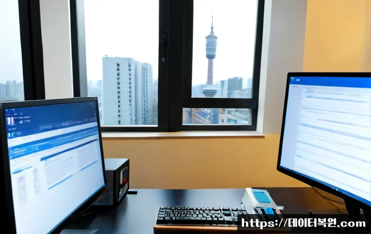 인현동 PFN_LIST_CORRUPT - Photorealistic IT support workstation in a compact Inhyeon-dong office, dual monitors showing a text...