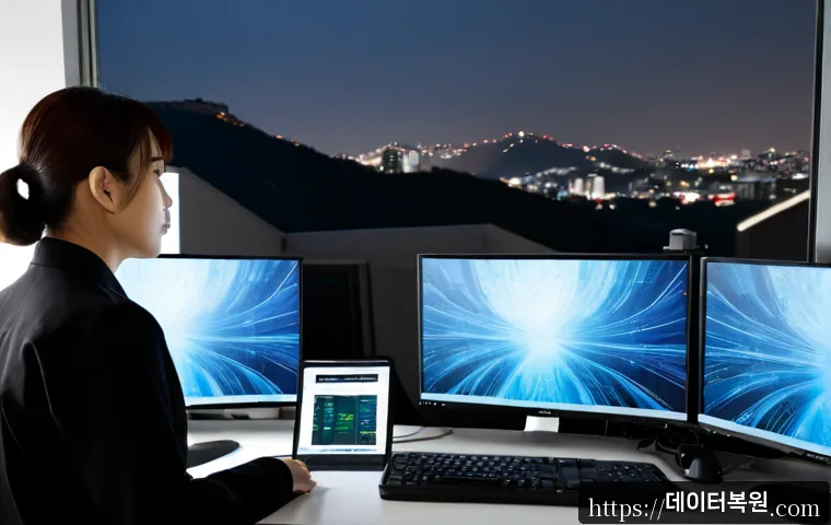 청룡동 STATUS_KERNEL_EXECUTION_ERROR - Photorealistic IT support workstation in a compact hillside apartment office, dual monitors showing ...