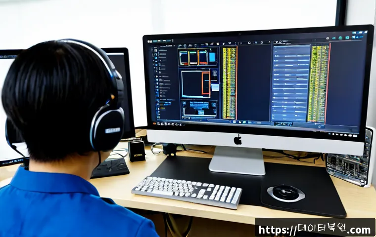 현석동 STATUS_STACK_UNDERFLOW - Photorealistic remote IT support workstation in a compact Korean riverside office, dual monitors sho...