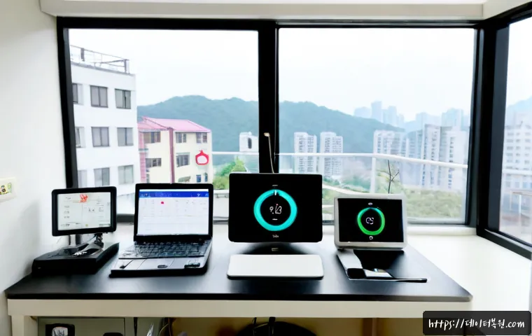 흥도동 USER_MODE_HEALTH_MONITOR - Photorealistic home health-monitoring workstation in Heungdo-dong, compact apartment desk with a des...