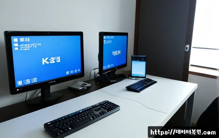 내유동 CRITICAL_PROCESS_DIED - Photorealistic remote-support workstation in a quiet Naeyu-dong apartment office, dual monitors show...