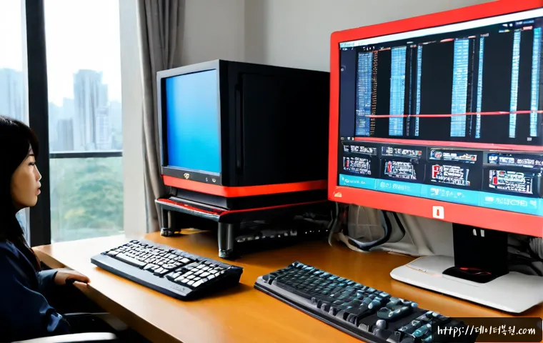 답십리동 STATUS_DISK_READ_FAILURE - Photorealistic IT support workstation in a compact Dapsimni-dong apartment office, dual monitors sho...