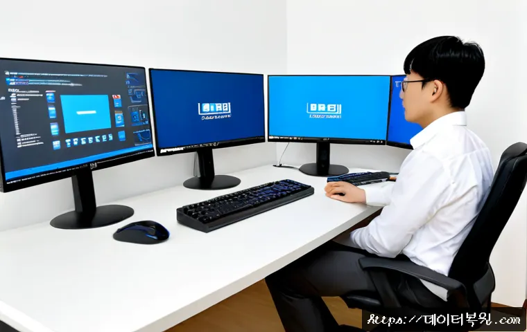 일산서구 STATUS_KERNEL_REGISTRY_ERROR - Photorealistic IT support workstation in a modern office near a planned lakeside district, dual moni...