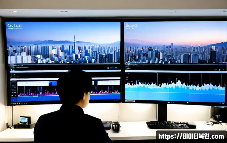 원신동 STATUS_MEMORY_OVERFLOW - Photorealistic IT support workstation in a compact Seoul apartment office, ultrawide monitor showing...