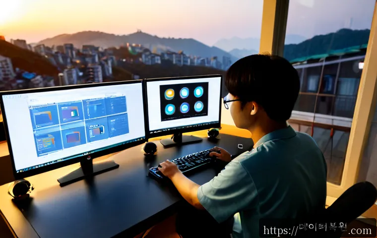 이태원 STATUS_DATATYPE_MISALIGNMENT - Photorealistic remote-support workstation in a modern Itaewon hillside apartment, dual monitors show...