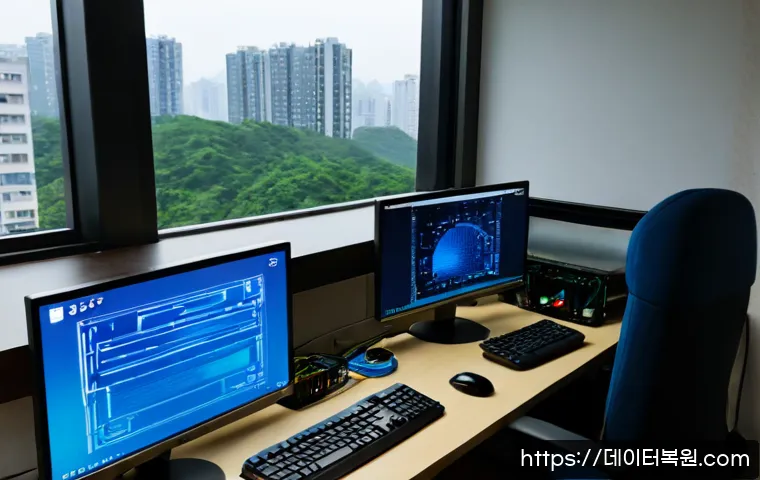 보라매동 STATUS_KERNEL_DRIVER_CORRUPTION - Photorealistic IT support workstation in a compact Boramae-dong apartment office, dual monitors show...