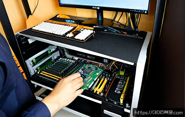 중계동 VGA조립 및 교체수리 - Photorealistic computer repair workstation in Junggye-dong, technician carefully installing a modern...