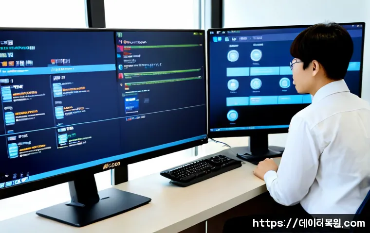 일직동 IRQL_NOT_LESS_OR_EQUAL - Photorealistic remote IT support workstation in a modern Gwangmyeong office, dual monitors showing a...