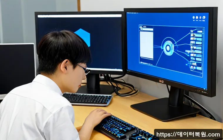 흥인동 STATUS_KERNEL_MODE_EXCEPTION - Photorealistic remote-support workstation in a compact Hwangin-dong design studio, dual monitors sho...