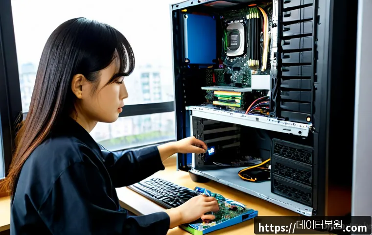 원효로 컴퓨터 desktop 출장방문수리점 - Photorealistic desktop computer repair visit in a compact Wonhyo-ro apartment workspace, skilled tec...