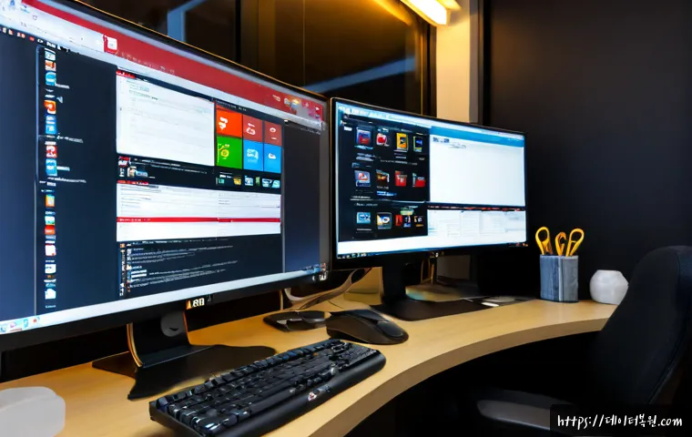 무교동 STATUS_DISK_FULL - Photorealistic IT support workstation in a compact Mugyo-dong office, dual monitors showing a clean ...