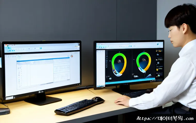 공평동 STATUS_IMAGE_ACCESS_DENIED - Photorealistic remote-support workstation in a compact Gongpyeong-dong office, dual monitors showing...