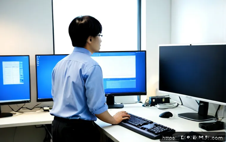 증산동 CLOCK_WATCHDOG_TIMEOUT - Photorealistic IT support workstation in a compact Eungsan-dong office, dual monitors frozen on a bl...