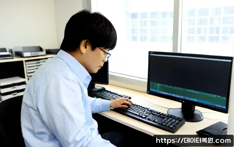 중학동 POOL_CORRUPTION_IN_FILE_AREA - Photorealistic IT recovery workstation in a compact Jung-hak-dong office, dual monitors showing abst...
