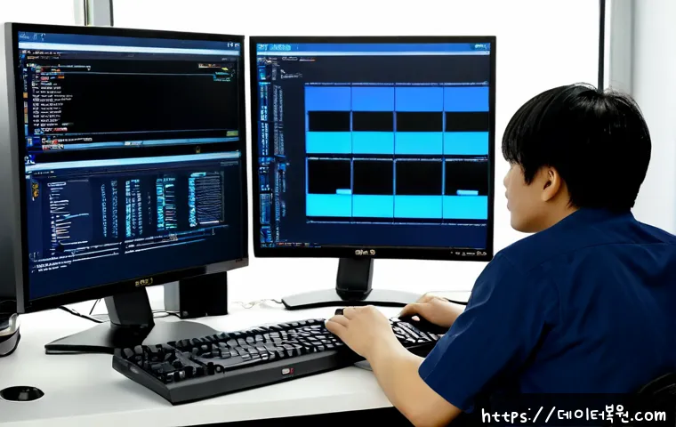 대덕동 STATUS_DISK_CORRUPTION - Photorealistic remote IT support workstation in a Daedeok-dong style research office, dual monitors ...