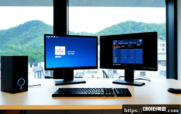 강북구 UNMOUNTABLE_BOOT_VOLUME - Photorealistic IT support workstation in a compact Gangbuk-gu design studio, dual monitors showing a...