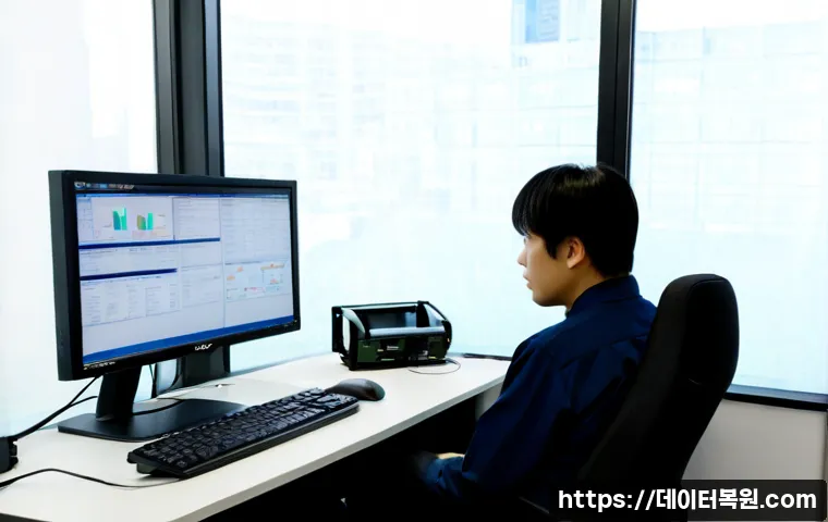 오장동 STATUS_KERNEL_THREAD_INTERRUPTED - Photorealistic IT support workstation in a compact central Seoul office, dual monitors showing abstr...