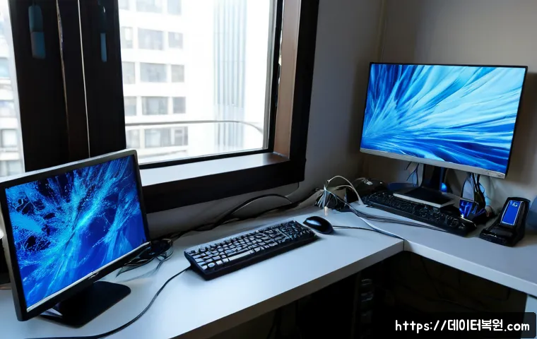 도림동 CLOCK_WATCHDOG_TIMEOUT - Photorealistic PC repair workstation in a compact Dorim-dong apartment office, dual monitors showing...