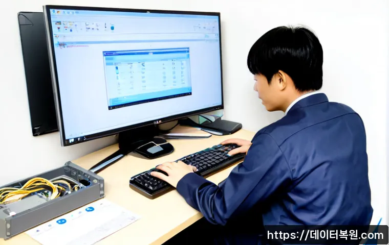 양평동 STATUS_INVALID_DEVICE_REQUEST - Photorealistic IT support workstation in a compact Yangpyeong-dong office near an industrial canal d...