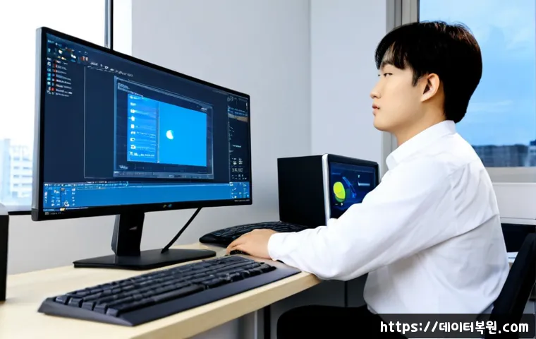 강동구 DRIVER_CORRUPTED_EXPOOL - Photorealistic IT support workstation in a modern Gangdong office, desktop monitor showing an abstra...