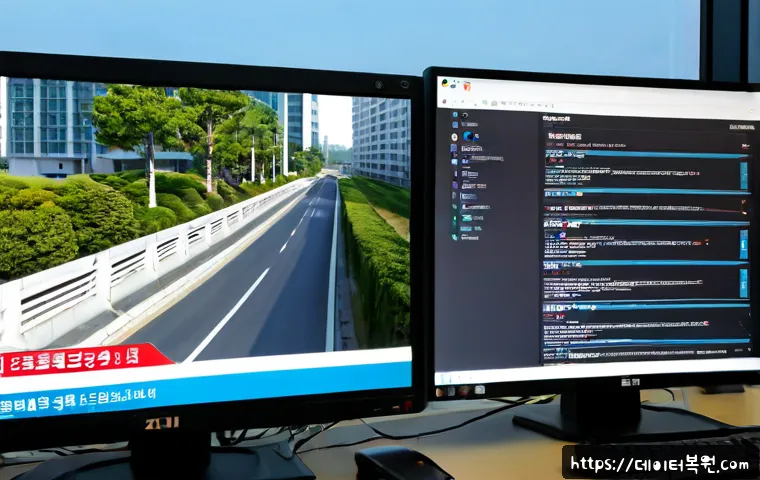 세종로 SYSTEM_LICENSE_VIOLATION - Photorealistic IT support workstation near a broad civic boulevard, dual monitors showing a clean ab...