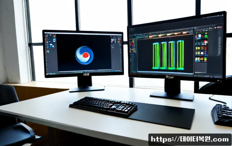 양화동 PAGE_TABLE_CORRUPT - Photorealistic IT support workstation in a compact Yanghwa-dong creative office, dual monitors displ...