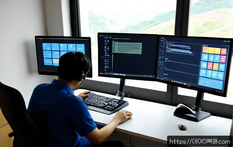 삼선동 STATUS_FILE_INVALID - Photorealistic remote-support workstation in a compact Samseon-dong apartment office, dual monitors ...