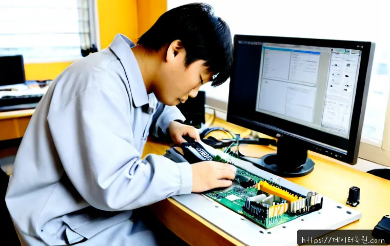 쌍문동 아이맥 판매 및 수리 - Photorealistic compact computer repair studio in Ssangmun-dong, a silver all-in-one desktop carefull...