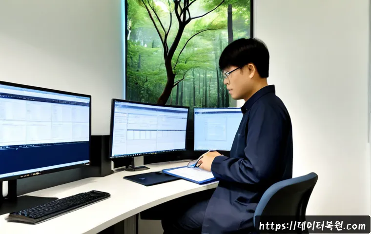 덕양구 CDFS_FILE_SYSTEM - Photorealistic IT workstation in a modern Deogyang-gu office, systems engineer reviewing a visual di...