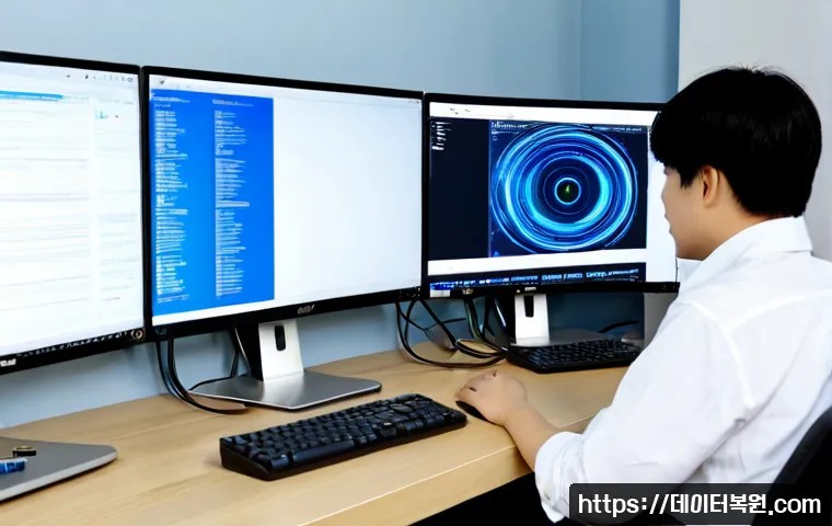 발산동 KERNEL_DATA_INPAGE_ERROR - Photorealistic IT support workstation in a compact modern office near a quiet western Seoul neighbor...